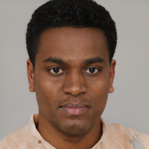 Neutral black young-adult male with short  black hair and brown eyes