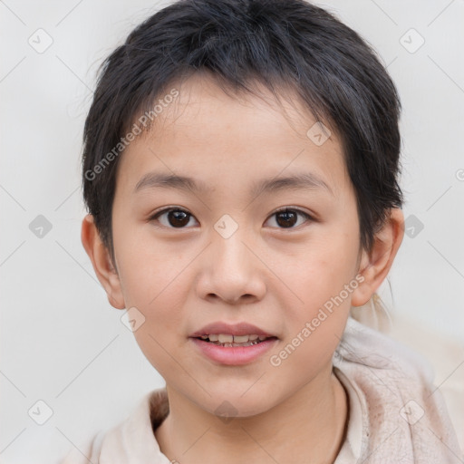 Joyful white child female with short  brown hair and brown eyes