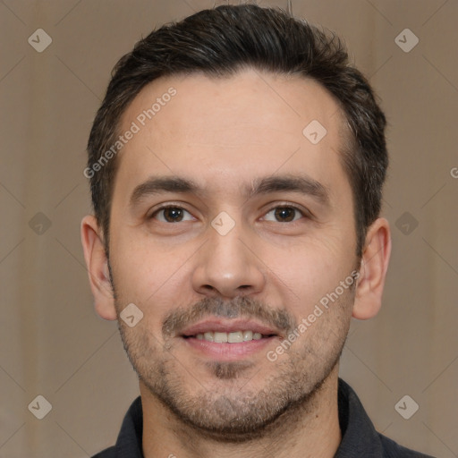 Joyful white young-adult male with short  brown hair and brown eyes