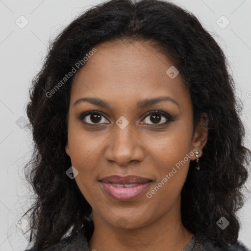 Joyful black young-adult female with long  brown hair and brown eyes