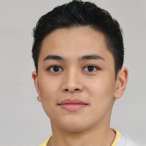 Neutral white young-adult male with short  black hair and brown eyes