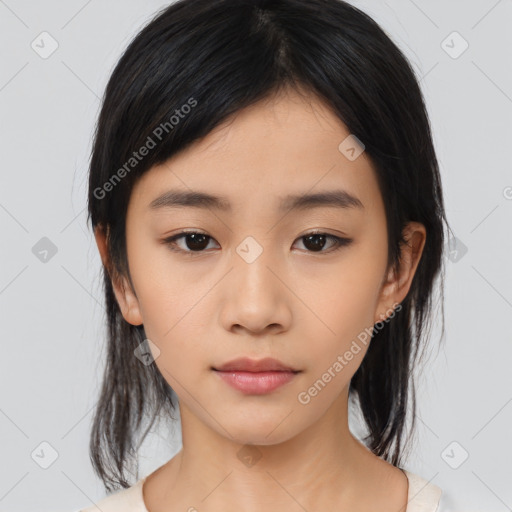 Neutral asian young-adult female with medium  black hair and brown eyes