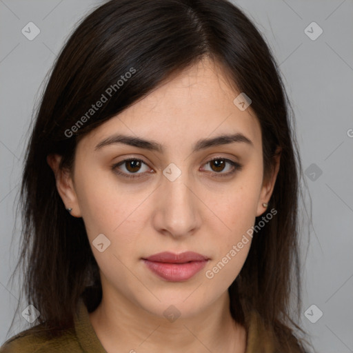 Neutral white young-adult female with medium  brown hair and brown eyes