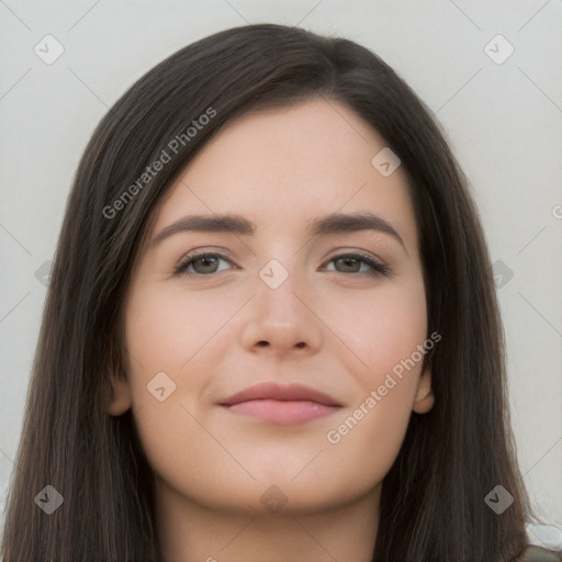 Neutral white young-adult female with long  brown hair and brown eyes