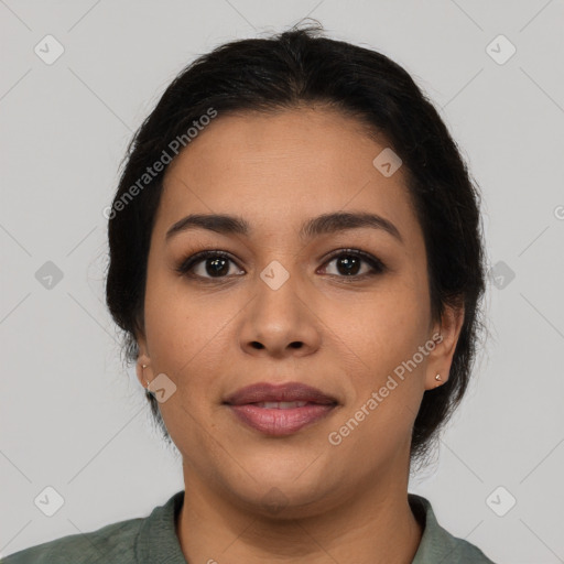 Joyful latino young-adult female with medium  black hair and brown eyes