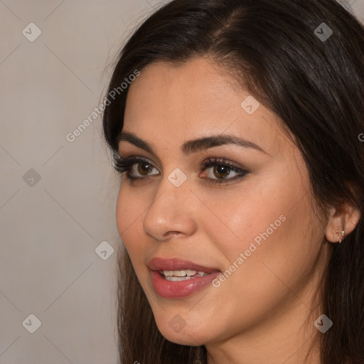 Joyful white young-adult female with long  brown hair and brown eyes