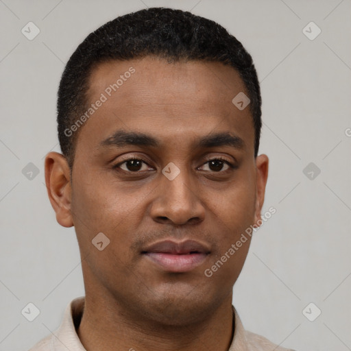 Neutral black young-adult male with short  black hair and brown eyes