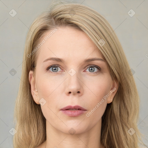 Neutral white young-adult female with medium  brown hair and grey eyes