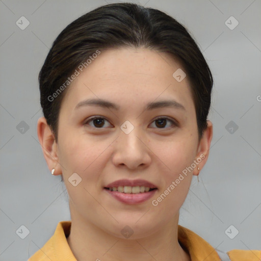 Joyful white young-adult female with medium  brown hair and brown eyes