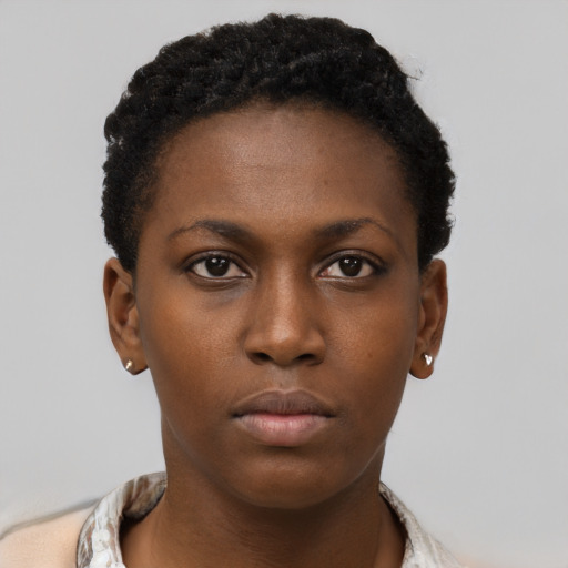 Neutral black young-adult female with short  brown hair and brown eyes