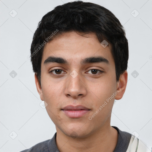 Neutral latino young-adult male with short  black hair and brown eyes