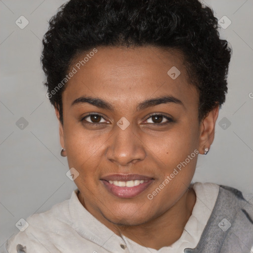 Joyful latino young-adult female with short  brown hair and brown eyes