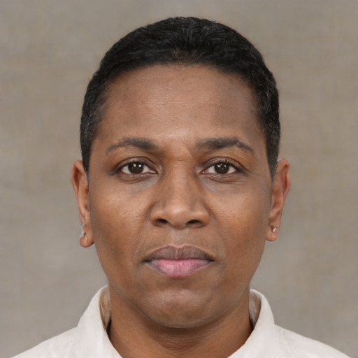 Neutral latino adult female with short  black hair and brown eyes