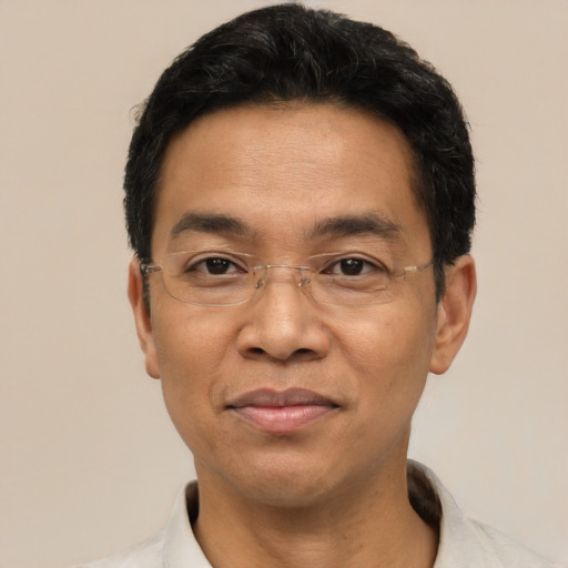 Joyful asian adult male with short  black hair and brown eyes