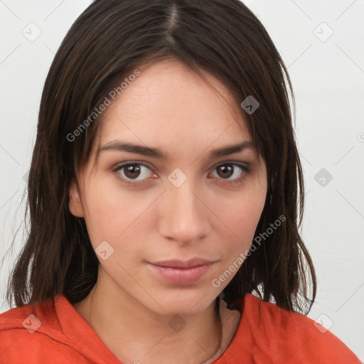 Neutral white young-adult female with medium  brown hair and brown eyes