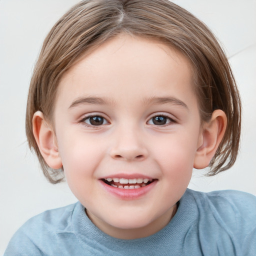 Joyful white child female with medium  brown hair and brown eyes