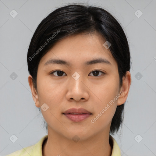 Neutral asian young-adult female with medium  black hair and brown eyes