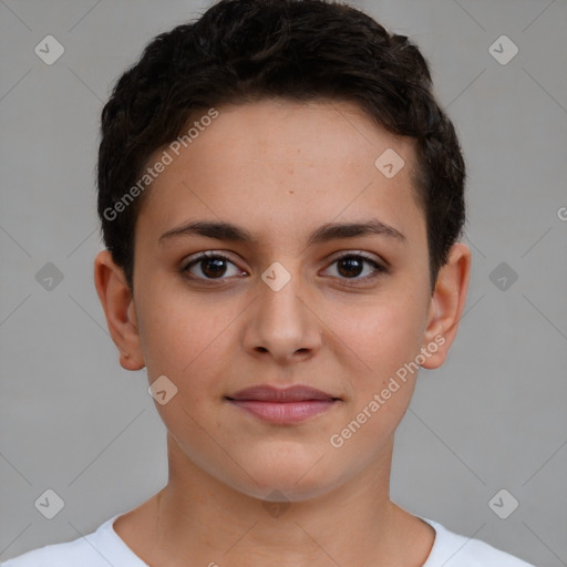 Joyful white young-adult female with short  brown hair and brown eyes