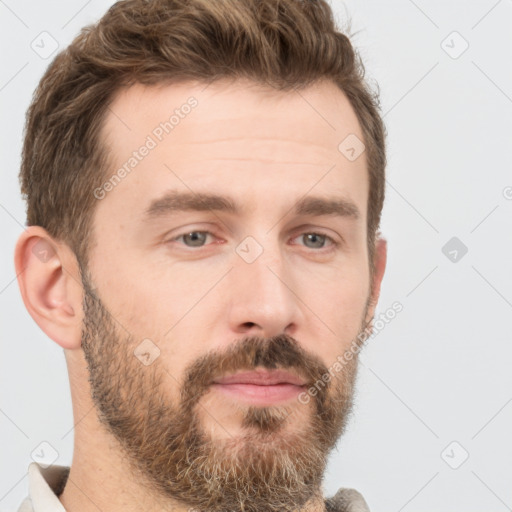 Neutral white young-adult male with short  brown hair and grey eyes