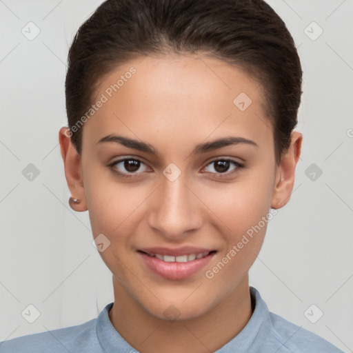 Joyful white young-adult female with short  brown hair and brown eyes