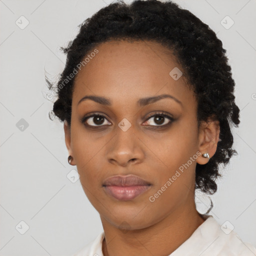 Neutral black young-adult female with short  black hair and brown eyes