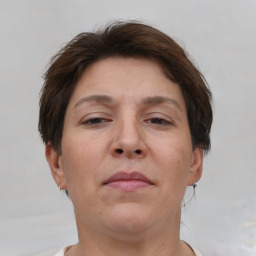 Neutral white adult female with short  brown hair and brown eyes