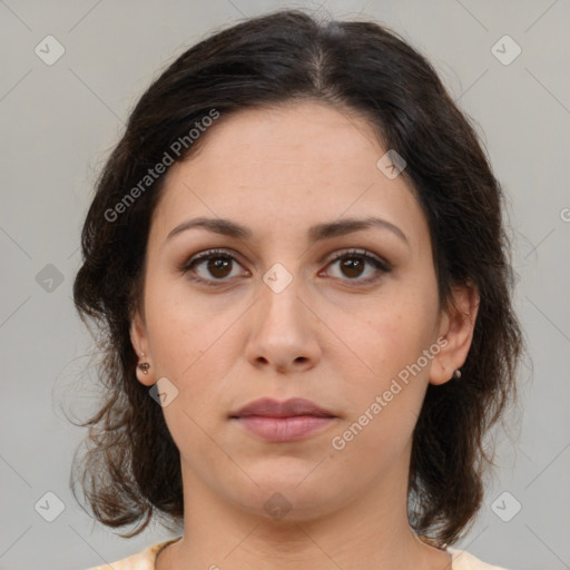 Neutral white young-adult female with medium  brown hair and brown eyes