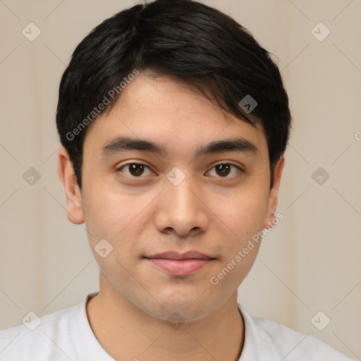 Joyful white young-adult male with short  brown hair and brown eyes