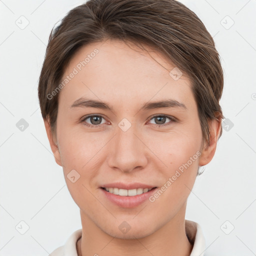 Joyful white young-adult female with short  brown hair and brown eyes