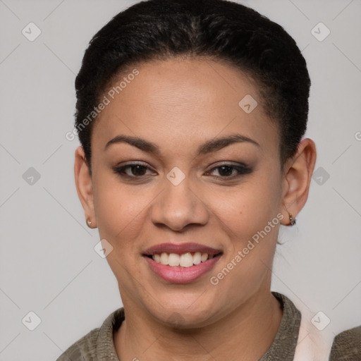 Joyful latino young-adult female with short  brown hair and brown eyes