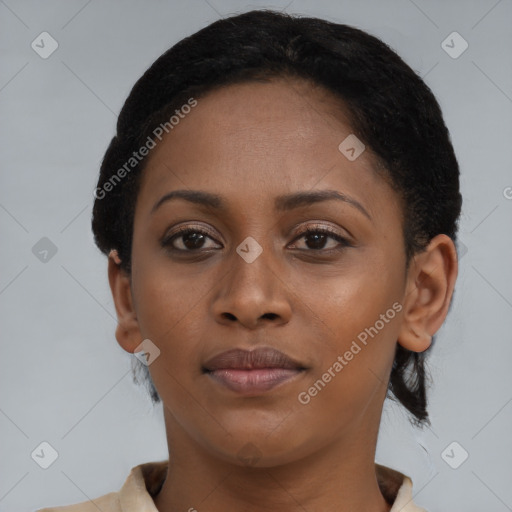 Neutral latino young-adult female with short  brown hair and brown eyes