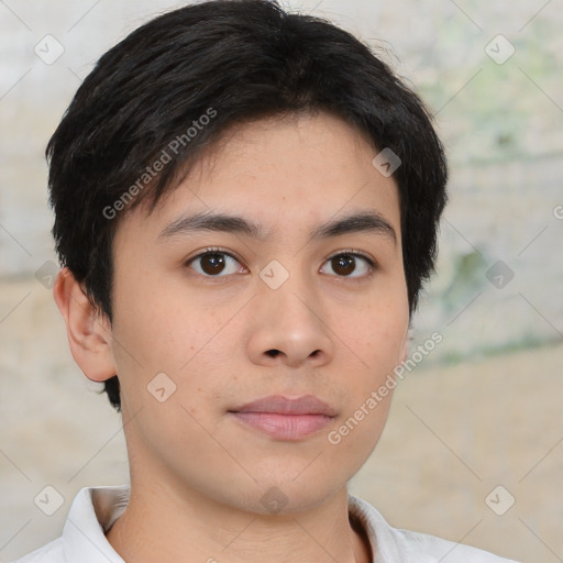 Neutral asian young-adult male with short  brown hair and brown eyes