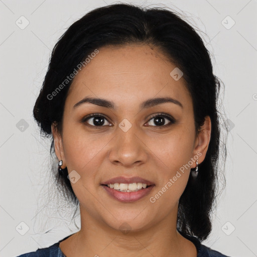 Joyful latino young-adult female with medium  black hair and brown eyes