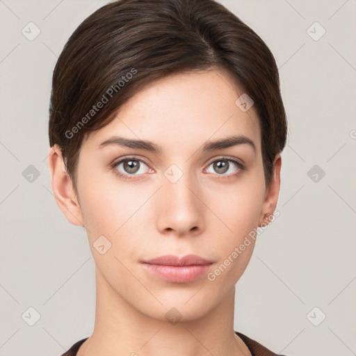 Neutral white young-adult female with short  brown hair and brown eyes