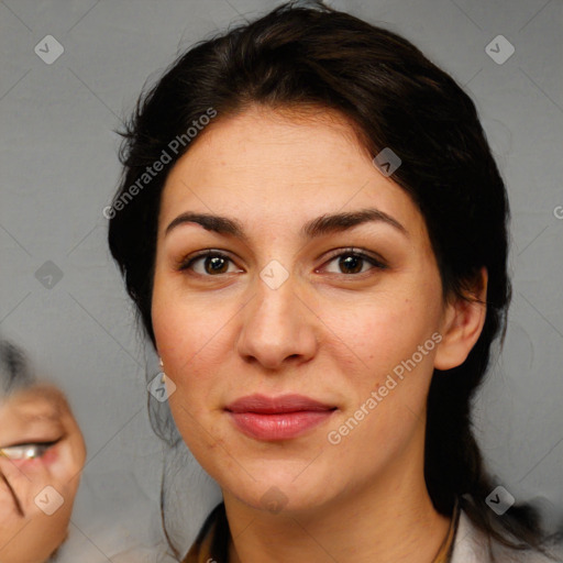 Joyful white adult female with medium  brown hair and brown eyes