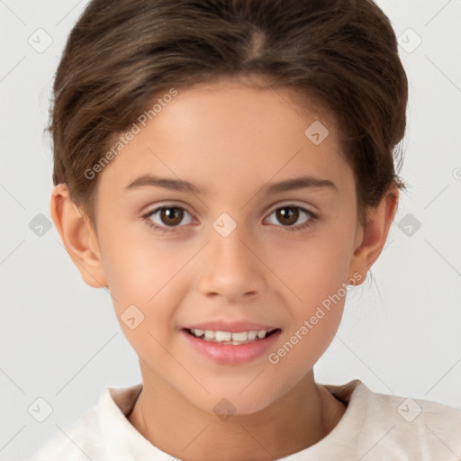 Joyful white child female with short  brown hair and brown eyes