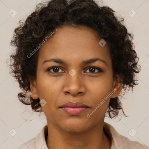 Neutral black young-adult female with medium  brown hair and brown eyes