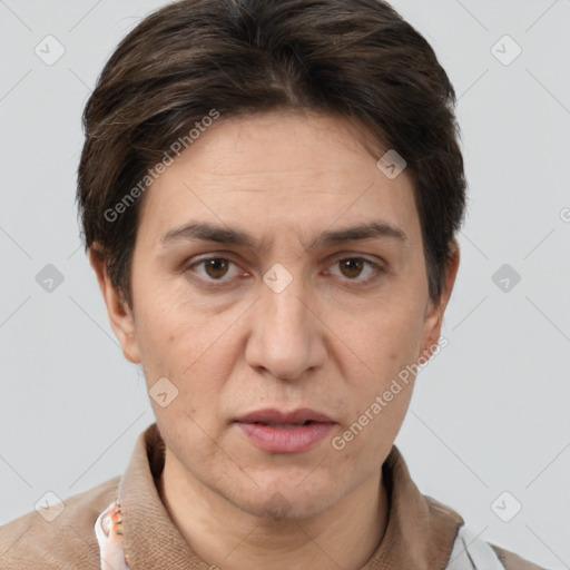 Joyful white adult female with short  brown hair and brown eyes