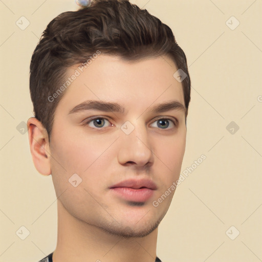 Neutral white young-adult male with short  brown hair and brown eyes