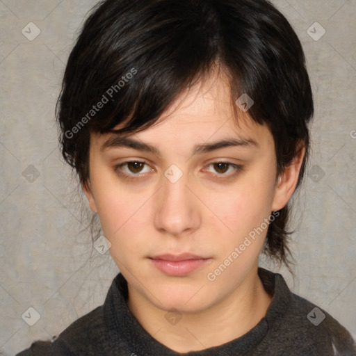 Neutral white young-adult female with medium  brown hair and brown eyes