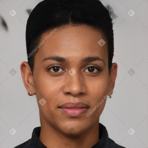 Joyful latino young-adult female with short  brown hair and brown eyes