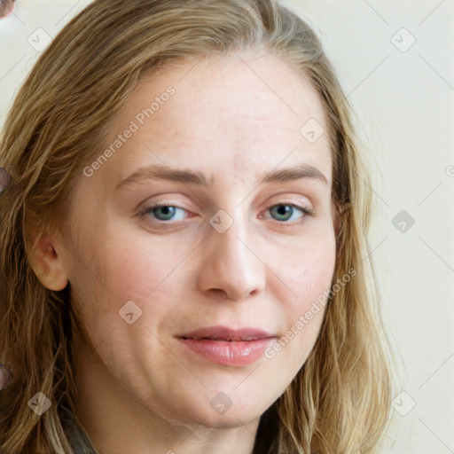 Joyful white young-adult female with long  brown hair and blue eyes