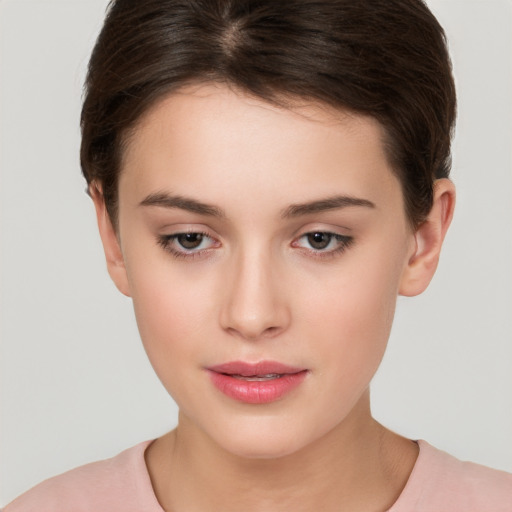 Neutral white young-adult female with short  brown hair and brown eyes