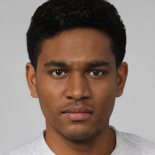 Neutral black young-adult male with short  black hair and brown eyes