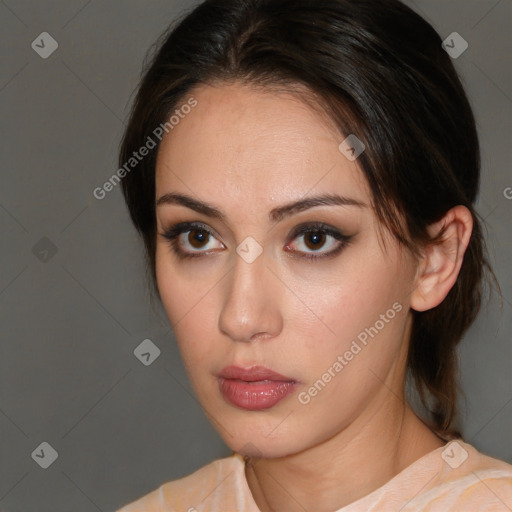 Neutral white young-adult female with medium  brown hair and brown eyes