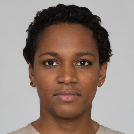 Neutral black young-adult female with short  black hair and brown eyes