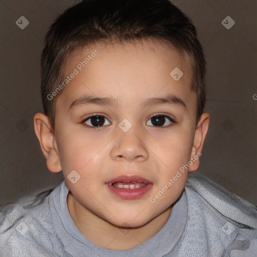 Joyful white child female with short  brown hair and brown eyes