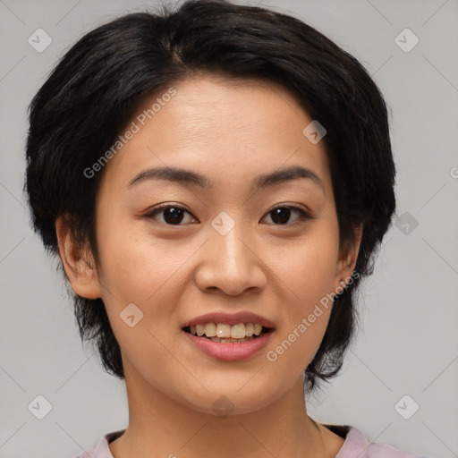 Joyful asian young-adult female with medium  black hair and brown eyes