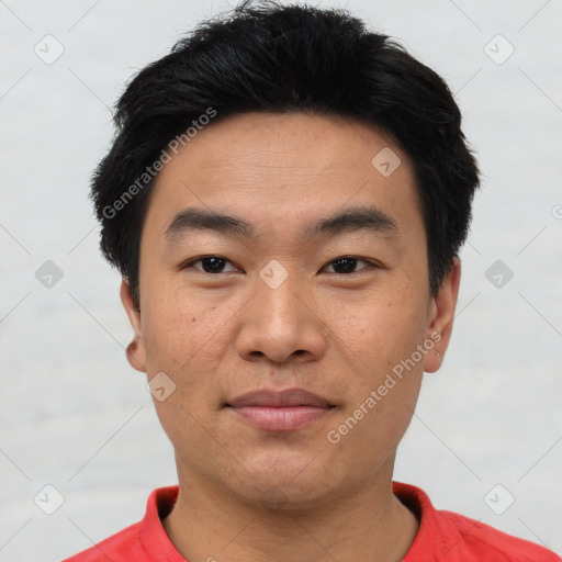 Neutral asian young-adult male with short  black hair and brown eyes