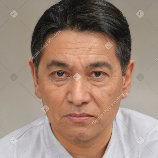 Joyful white adult male with short  black hair and brown eyes